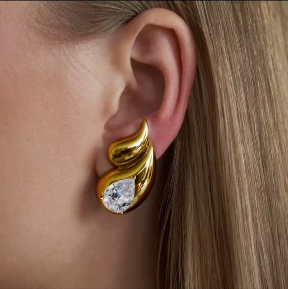 Jewelry - Gold Color Chunky Double Teardrop Earrings Clear Crystal Waterdrop